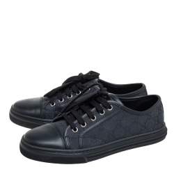 Pre Owned Gucci Black/Blue Leather And GG Canvas Cap Toe Low Top Sneakers Size 38