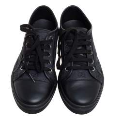 Pre Owned Gucci Black/Blue Leather And GG Canvas Cap Toe Low Top Sneakers Size 38