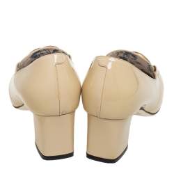 Pre Owned Gucci Beige Patent Leather Victoire GG Logo Block Heel Pumps Size 37