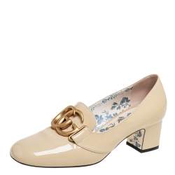 Pre Owned Gucci Beige Patent Leather Victoire GG Logo Block Heel Pumps Size 37