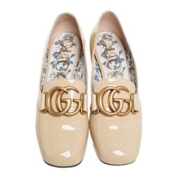 Pre Owned Gucci Beige Patent Leather Victoire GG Logo Block Heel Pumps Size 37