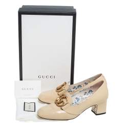 Pre Owned Gucci Beige Patent Leather Victoire GG Logo Block Heel Pumps Size 37