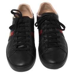 Pre Owned Gucci Black Leather Ace Web Low Top Sneakers Size 39.5