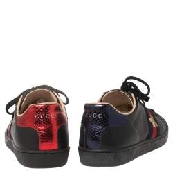 Pre Owned Gucci Black Leather Ace Web Low Top Sneakers Size 39.5