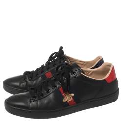 Pre Owned Gucci Black Leather Ace Web Low Top Sneakers Size 39.5