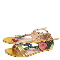 Pre Owned Gucci Gold Leather Ophelia Embroidered Flat Sandals Size 37.5