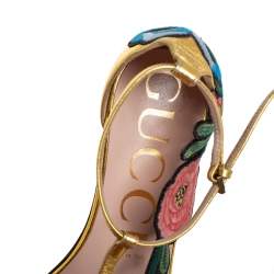 Pre Owned Gucci Gold Leather Ophelia Embroidered Flat Sandals Size 37.5