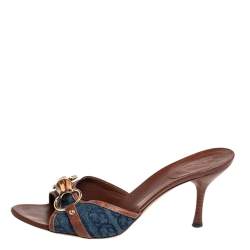 مملوكة مسبقًا صندل غوتشي حافة جلد ودنيم أزرق مزين هورسبيت مقدمة مفتوحة مقاس 38