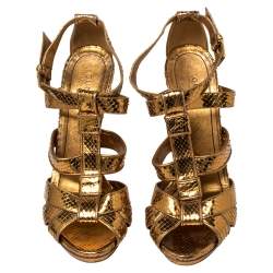 Gucci Gold Python T Strap Sandals Size 38.5