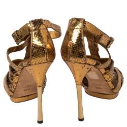 Gucci Gold Python T Strap Sandals Size 38.5