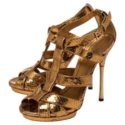 Gucci Gold Python T Strap Sandals Size 38.5