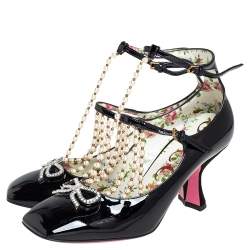 Pre Owned Gucci Black Patent Leather Pearl Embellished T Strap Pumps Size 37