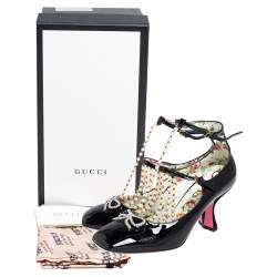 Pre Owned Gucci Black Patent Leather Pearl Embellished T Strap Pumps Size 37