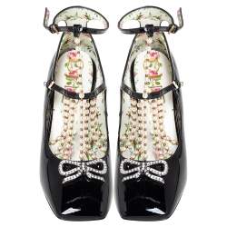 Pre Owned Gucci Black Patent Leather Pearl Embellished T Strap Pumps Size 37