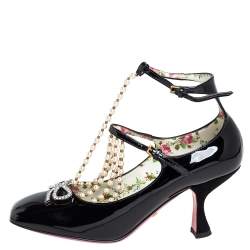 Pre Owned Gucci Black Patent Leather Pearl Embellished T Strap Pumps Size 37