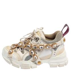 Gucci White/Grey Mesh And Leather Flashtrek Sneakers Size 35.5
