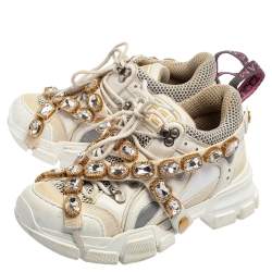Gucci White/Grey Mesh And Leather Flashtrek Sneakers Size 35.5