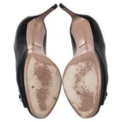 Pre Owned حذاء كعب عالي غوتشي هورسبيت جلد أسود بمقدمة مفتوحة ونعل سميك مقاس 38.5