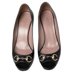 Pre Owned حذاء كعب عالي غوتشي هورسبيت جلد أسود بمقدمة مفتوحة ونعل سميك مقاس 38.5