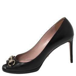 Pre Owned حذاء كعب عالي غوتشي هورسبيت جلد أسود بمقدمة مفتوحة ونعل سميك مقاس 38.5