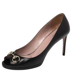 Pre Owned حذاء كعب عالي غوتشي هورسبيت جلد أسود بمقدمة مفتوحة ونعل سميك مقاس 38.5