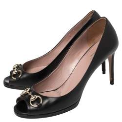 Pre Owned حذاء كعب عالي غوتشي هورسبيت جلد أسود بمقدمة مفتوحة ونعل سميك مقاس 38.5