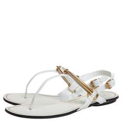 Pre Owned Gucci White Leather Horsebit Thong Sandals Size 38