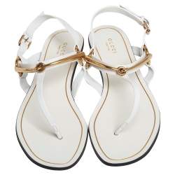 Pre Owned Gucci White Leather Horsebit Thong Sandals Size 38