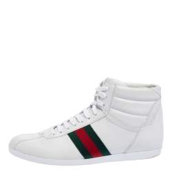 مملوكة مسبقًا حذاء رياضي غوتشي جلد أبيض مزين ويب مرتفع من أعلى مقاس 39
