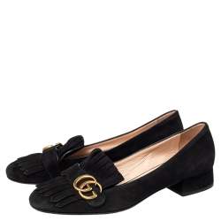 مملوكة مسبقًا Gucci Black Suede GG Marmont Block Heel Pumps Size 39.5
