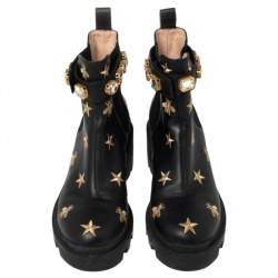 Pre Owned Gucci Black Leather Embroidered Crystal Embellished Ankle Boots Size 37.5