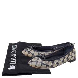 Pre Owned Gucci Beige/Blue GG Canvas And Leather Bow Ballet Flats Size 36