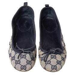 Pre Owned Gucci Beige/Blue GG Canvas And Leather Bow Ballet Flats Size 36