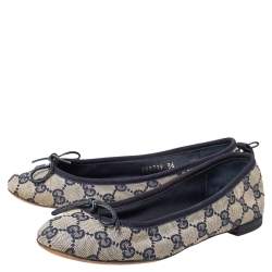 Pre Owned Gucci Beige/Blue GG Canvas And Leather Bow Ballet Flats Size 36