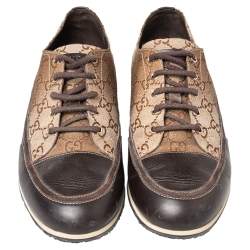 Pre Owned حذاء رياضي غوتشي جلد وكانفاس سوبريم بني/بيج مقدمة بنية منخفض من أعلى مقاس 39.5