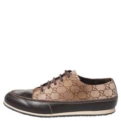 Pre Owned حذاء رياضي غوتشي جلد وكانفاس سوبريم بني/بيج مقدمة بنية منخفض من أعلى مقاس 39.5