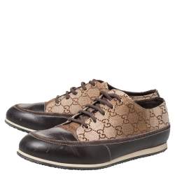 Pre Owned حذاء رياضي غوتشي جلد وكانفاس سوبريم بني/بيج مقدمة بنية منخفض من أعلى مقاس 39.5