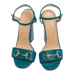 Pre Owned Gucci Blue Leather Horsebit Ankle Strap Open Toe Block Heel Sandal Size 35