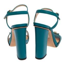 Pre Owned Gucci Blue Leather Horsebit Ankle Strap Open Toe Block Heel Sandal Size 35