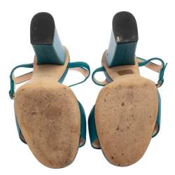 Pre Owned Gucci Blue Leather Horsebit Ankle Strap Open Toe Block Heel Sandal Size 35