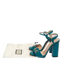 Pre Owned Gucci Blue Leather Horsebit Ankle Strap Open Toe Block Heel Sandal Size 35