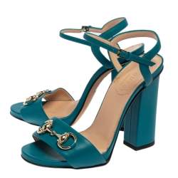 Pre Owned Gucci Blue Leather Horsebit Ankle Strap Open Toe Block Heel Sandal Size 35
