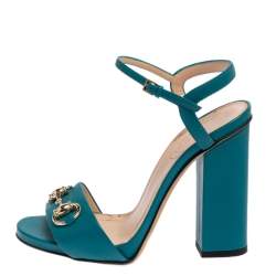 Pre Owned Gucci Blue Leather Horsebit Ankle Strap Open Toe Block Heel Sandal Size 35
