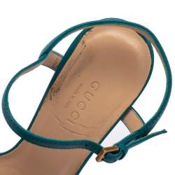 Pre Owned Gucci Blue Leather Horsebit Ankle Strap Open Toe Block Heel Sandal Size 35