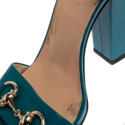 Pre Owned Gucci Blue Leather Horsebit Ankle Strap Open Toe Block Heel Sandal Size 35