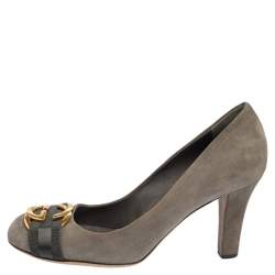 Pre Owned Gucci Dark Grey Suede Interlocking G Buckle Pumps Size 39
