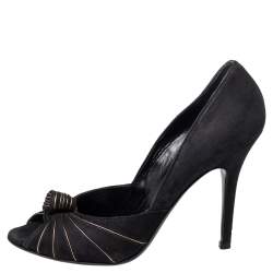 Gucci Black/Gold Suede Knotted Peep Toe Pumps Size 38.5