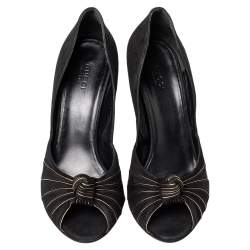 Gucci Black/Gold Suede Knotted Peep Toe Pumps Size 38.5