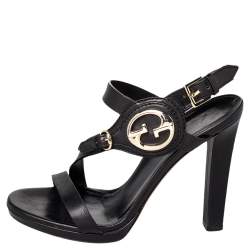 Pre Owned Gucci Black Leather Open Toe Ankle Strap Sandals Size 37