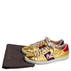 مملوكة مسبقًا Gucci Gold Leather Ace Blind For Love Blind Web Detail Low Top Sneakers Size 37.5